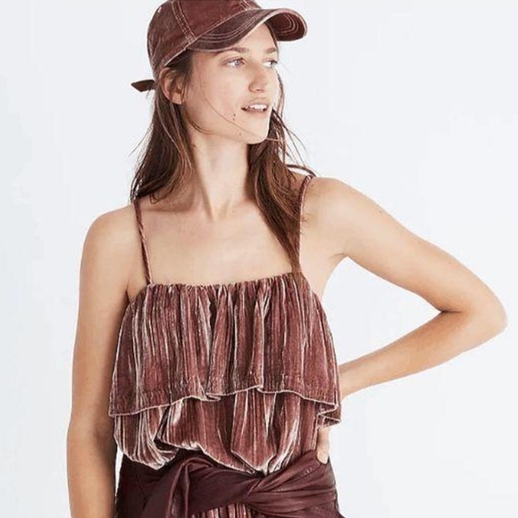 NWT Madewell Crushed Velvet Pleated Ruffle Camisole Silk Blend Pink Tank Size S - Picture 1 of 8